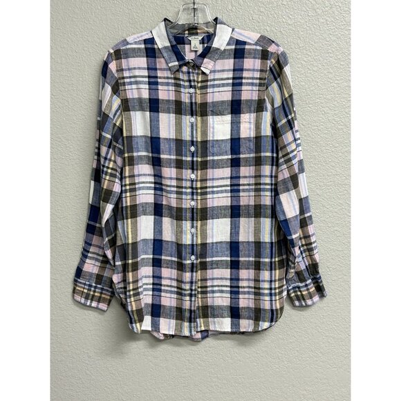 LL Bean Womens 100% Linen Plaid Button Up Collared Shirt Size Small Blue Blouse - Picture 8 of 9
